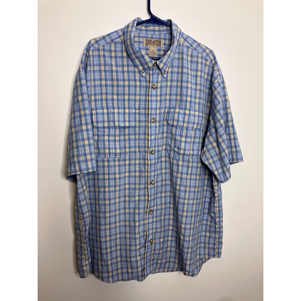 Duluth Trading Co Shirt Mens XL Blue Plaid Excellent Short Sleeve Button Down